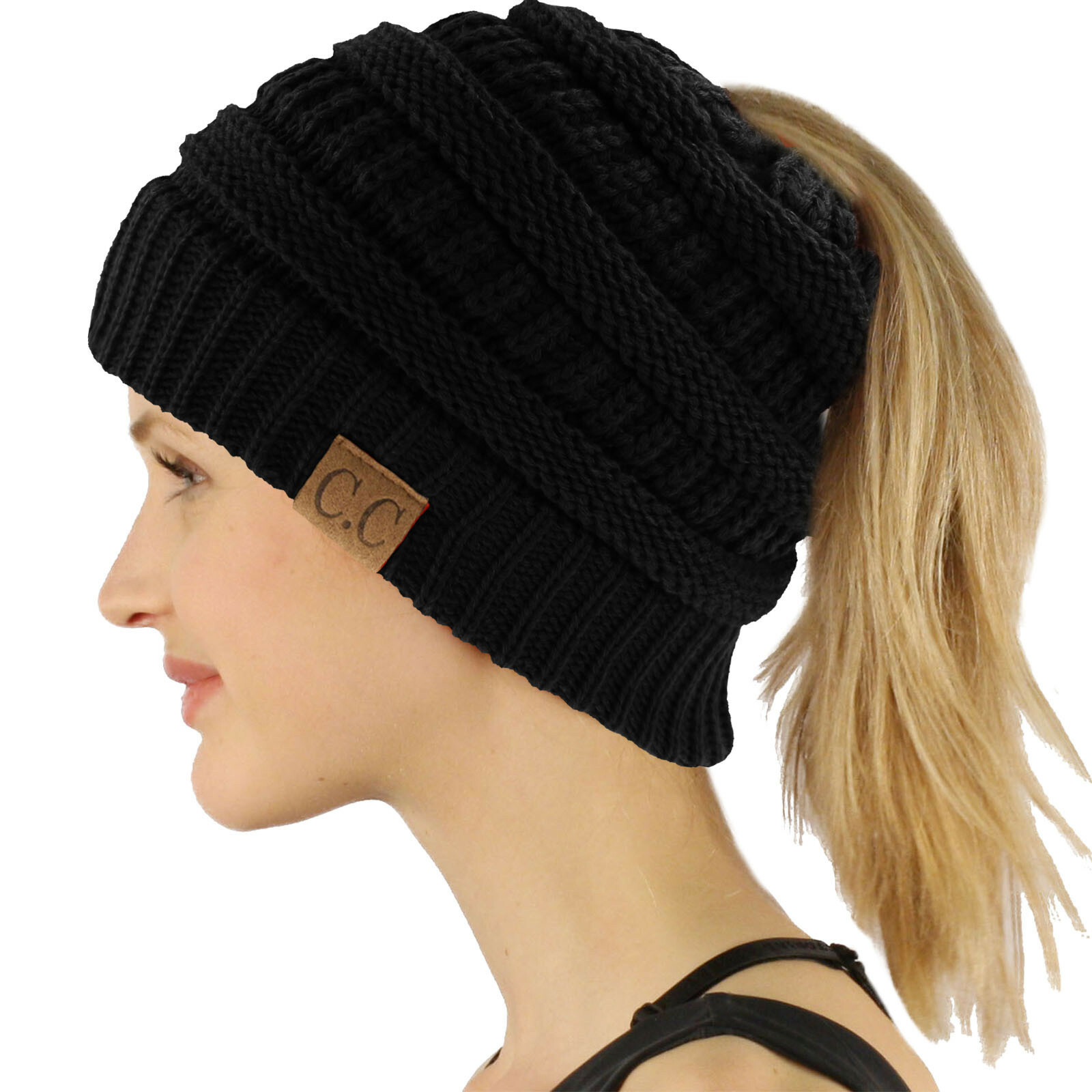 High Bun Ponytail Beanie Hat Teal 