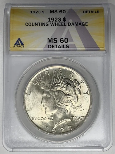 1923 Peace Silver Dollar Coin ANACS MS 60 Details Damaged Looks Better