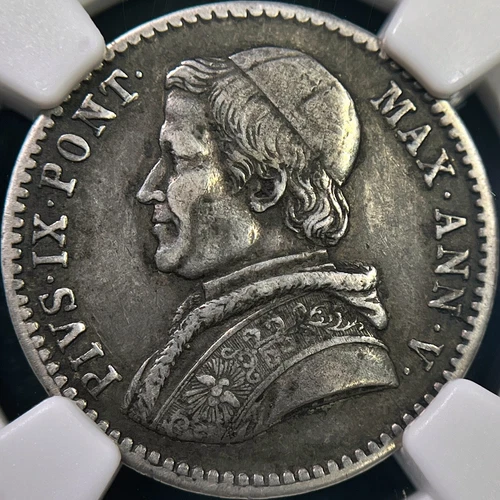 ITALY. 1850, 20 Baiocchi, Silver, R - NGC XF40 - Papal States, Pius IX, Rome