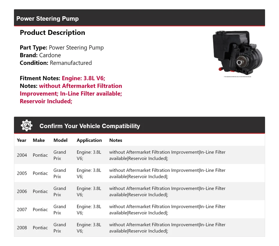 For 2004-2008 Pontiac Grand Prix 3.8L V6 Power Steering Pump Cardone 2005 2006 - Image 2 of 4