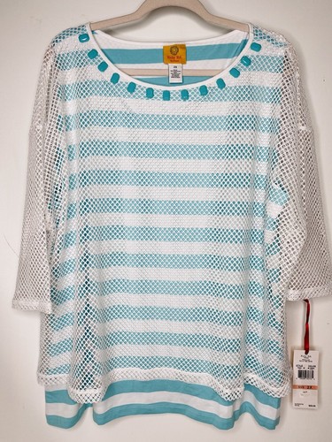 NWT Ruby Rd. Women’s Plus 2x Blouse Top Lt. Blue White Net Overlay “To A Tee”