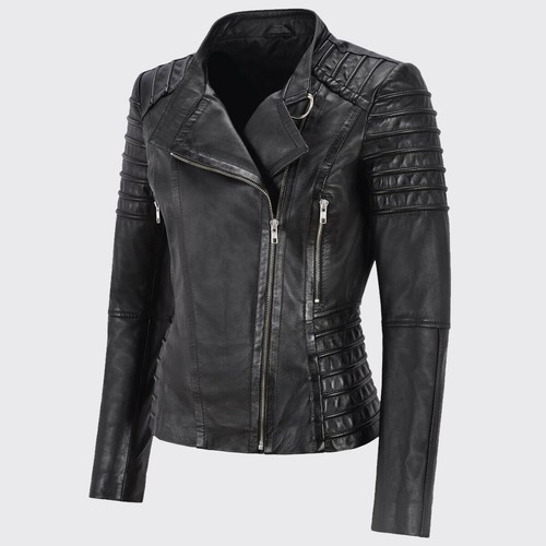 Women's Genuine Lambskin Leather Jacket Motorcycle Real Slim fit Biker Jacket - Picture 2 of 5