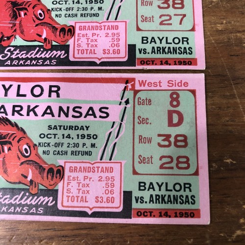 Vintage 1950’s Arkansas Razorback Ticket Stubs Arkansas Vs Baylor 10/14/1950 - Picture 5 of 8