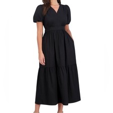 French Connection Black Puff Sleeve Maxi Dress Pockets Cotton Chic Medium