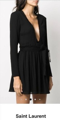 Saint Laurent YSL, Black Silk Mini Dress, NWT,Deep V, Long Sleeve, F42, M, 8-10 