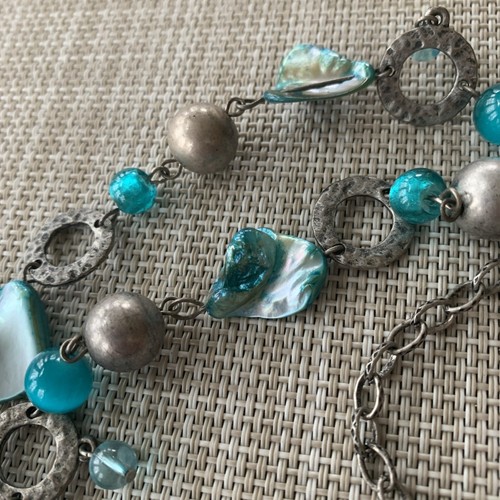NWT Christopher Banks Turquoise Blue Shell Bead Hammered Silver Tone Necklace - Picture 7 of 10