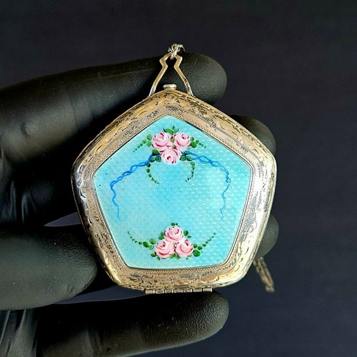 Antique Art Deco 925 Sterling Silver Guilloche Enamel Powder Compact - Picture 2 of 15