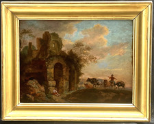 18th CENTURY FLEMISH SCHOOL CATTLE BY RUINS fllw WOUWERMAN ANTIQUE OIL PAINTING