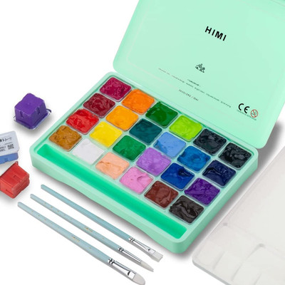 HIMI Gouache Paint Set, 24 Colors X 30Ml/1Oz with Brushes & Palette, Jelly Cup D