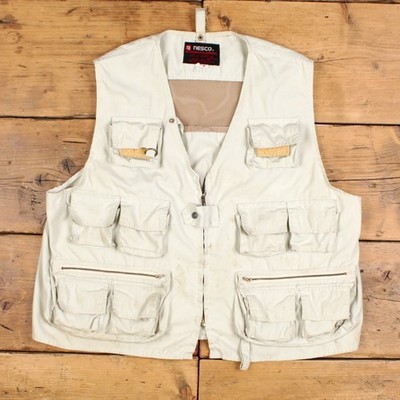 Vintage Nesco Angelweste L Herren Beige Baumwolle Full Zip Utility Safari Gilet
