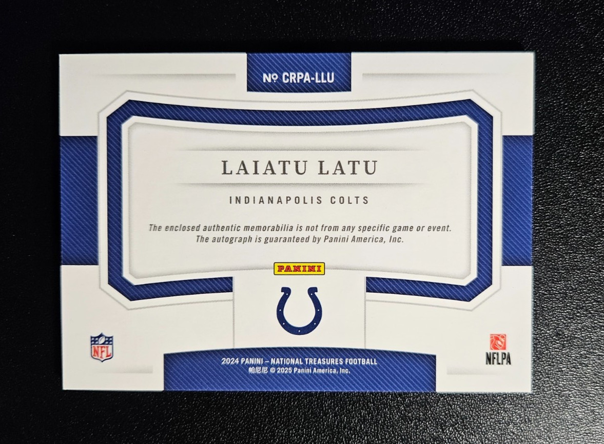 2024 National Treasures Laiatu Latu Rookie Patch Auto /25 Indianapolis Colts RPA view 2