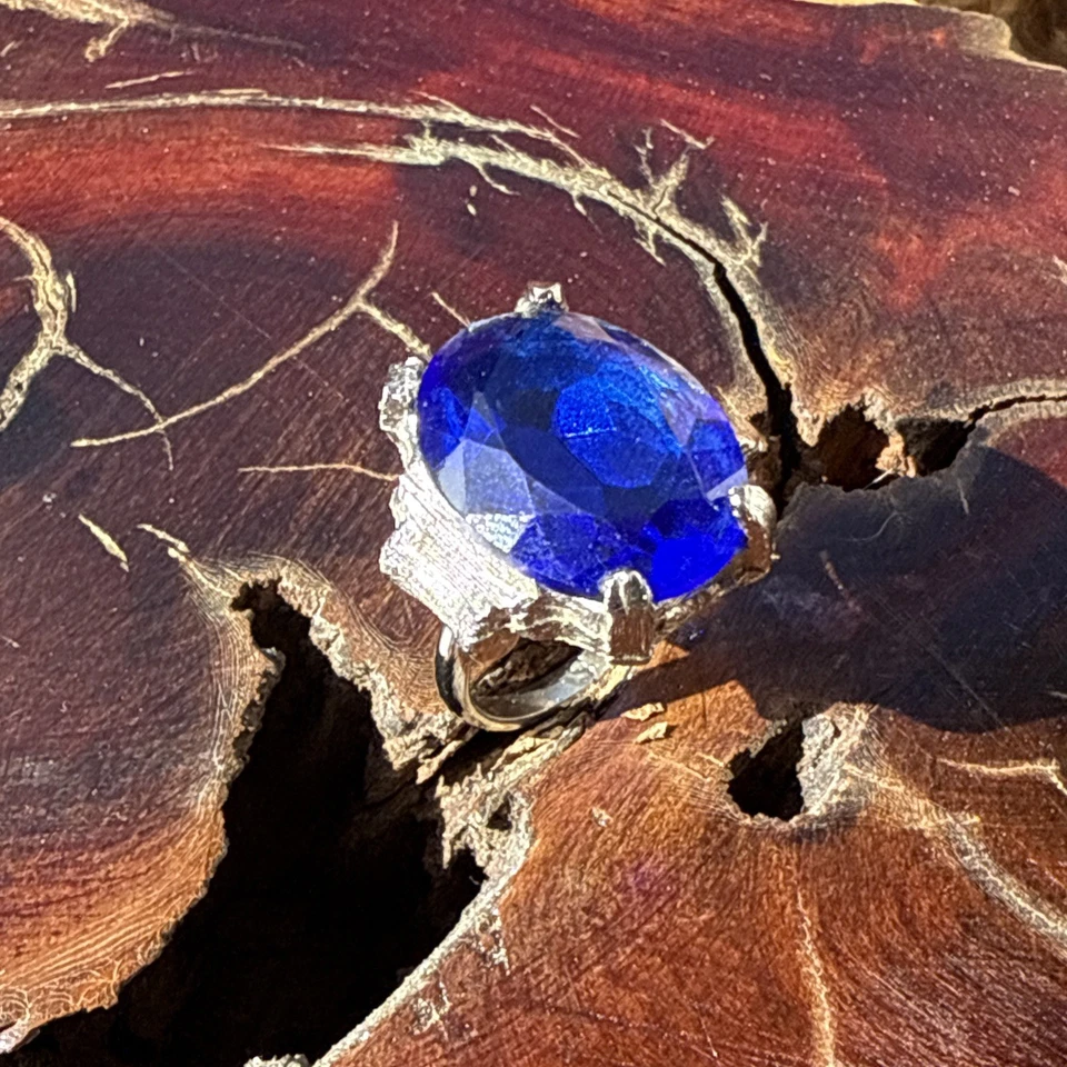 Blue Sapphire Colored Glass Silver Tone Ring  - Image 2 of 4