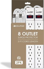 2 PCS 8 Outlet Surge Protector 15A 1875W 350J Flat Plug White 3 FT Power