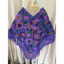 Mexican Ma anita embroidered poncho purple bird floral primitive folk fringed