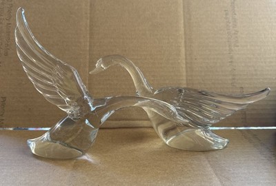 Pair of Heisey Clear Glass Crystal Goose Geese Wings Half Way Up & Wings Up 1940