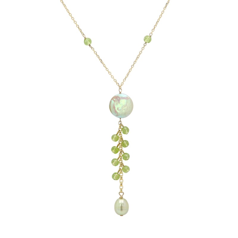 Pearl Dangle Necklace 14k Yellow Gold Green Peridot and Pearls (#006)