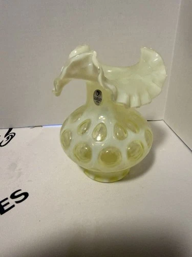 RARE FENTON CANARY YELLOW VASELINE COIN DOT OPALESCENT RUFFLED TOP VASE 6.5”