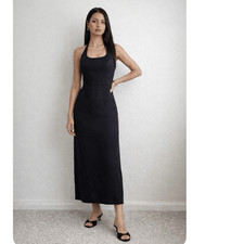 Reformation Yana Black Linen Halter Midi Dress NEW Size 8 Smocked Back