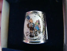 Vintage M.J. HUMMEL Sewing Silver Plated Enamel THIMBLE, Unused Original Box #5