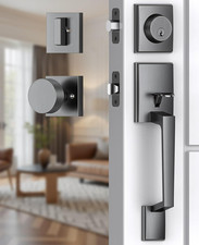 Modern Steel Gray Front Door Handle Deadbolt Set, Reversible Lock