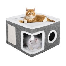 Large Grey Cat Bed Cave Fluffy Ball Scratch Pad Foldable Hideaway Condo House