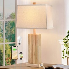27.5" Wood Table Lamp, Modern Farmhouse Bedroom Lamp for Nightstand with USB ...
