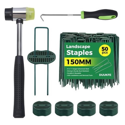 50Pcs Garden Staples +50Pcs Gasket +Pick Hook +Rubber Mallet, 6 Inch Landscape F