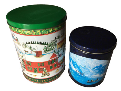 Tins X 2 Winter Lake Scene 5 1/8 x 6 & New England Winter Scene 6.5 x 8.5 Gifts