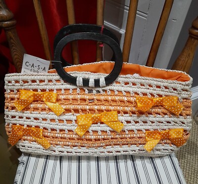 Strandtasche Casa di Stella orange Raffia mit Schleifen und Holzgriffen