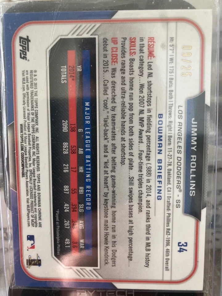 2015 BOWMAN JIMMY ROLLINS CHROME #/25 ORANGE REFRACTOR - Image 4 of 4