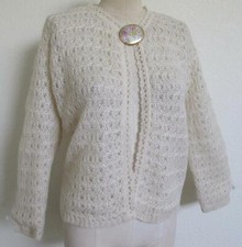 Vintage Ivory Mohair Blend Crochet Open Lace Cardigan Sweater Chiffon Lined SG
