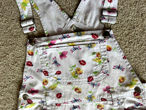 Vtg Rachel’s Kids Girls 12 Dragonfly Ladybug Print Denim Jean Overalls Shortall - Picture 3 of 9