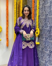 PURPLE HEAVY CHINNON SILK PALAZZO SUIT WITH DUPATTA FOR RECEPTION WEAR