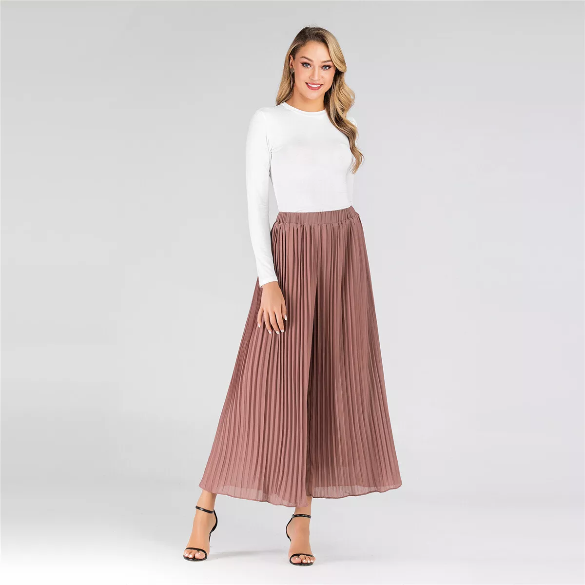 Summer Women Pleated Chiffon Wide Leg Pants High Waist Loose Culottes  Trousers | eBay