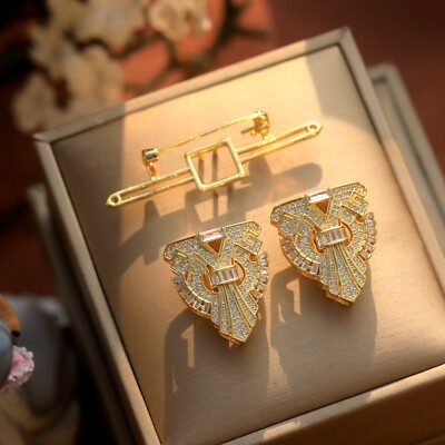 Broche Double Clips Doré Art Deco Serti CZ Blanc Eventail 1920s style SB31