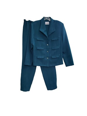 Kari's Korner Pant Suit Womens Size 12 Green Jacket Two Piece Polyester Vintage