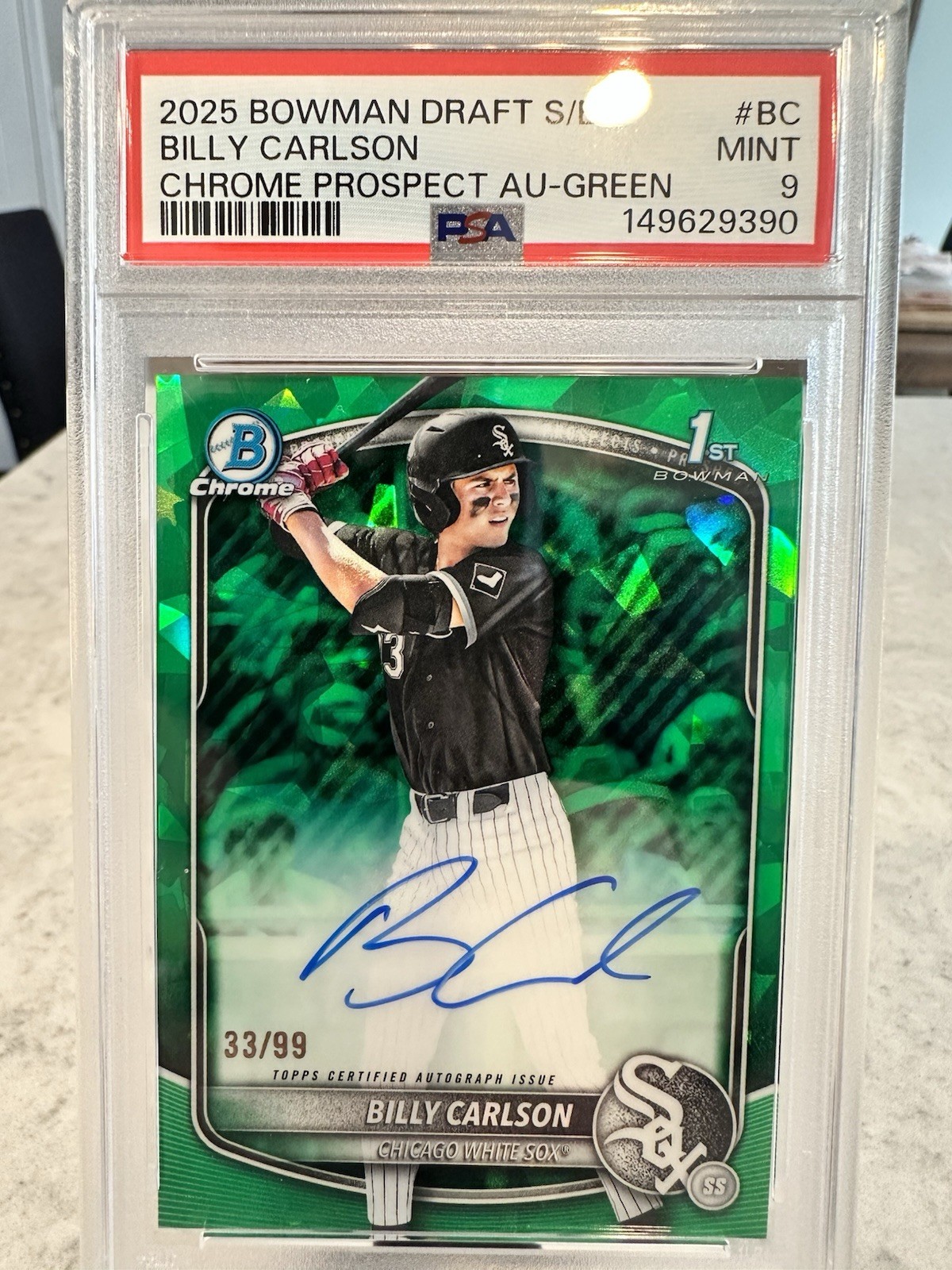BILLY CARLSON 2025 BOWMAN CHROME DRAFT 1ST SAPPHIRE GREEN AUTO /99 PSA 9