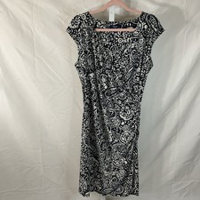 Chaps Navy White Floral Cap Sleeve Jersey Sheath Dress Size L Pullover Stretch