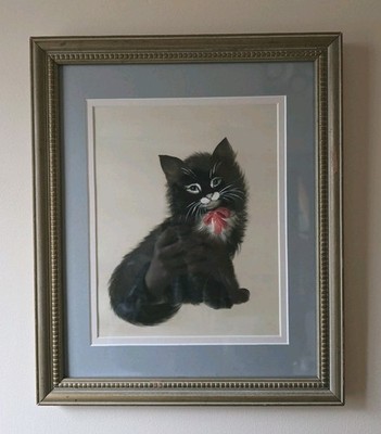 Vintage Black Kitty Cat Kitten Painted On Silk Signed Matted Original Artwork