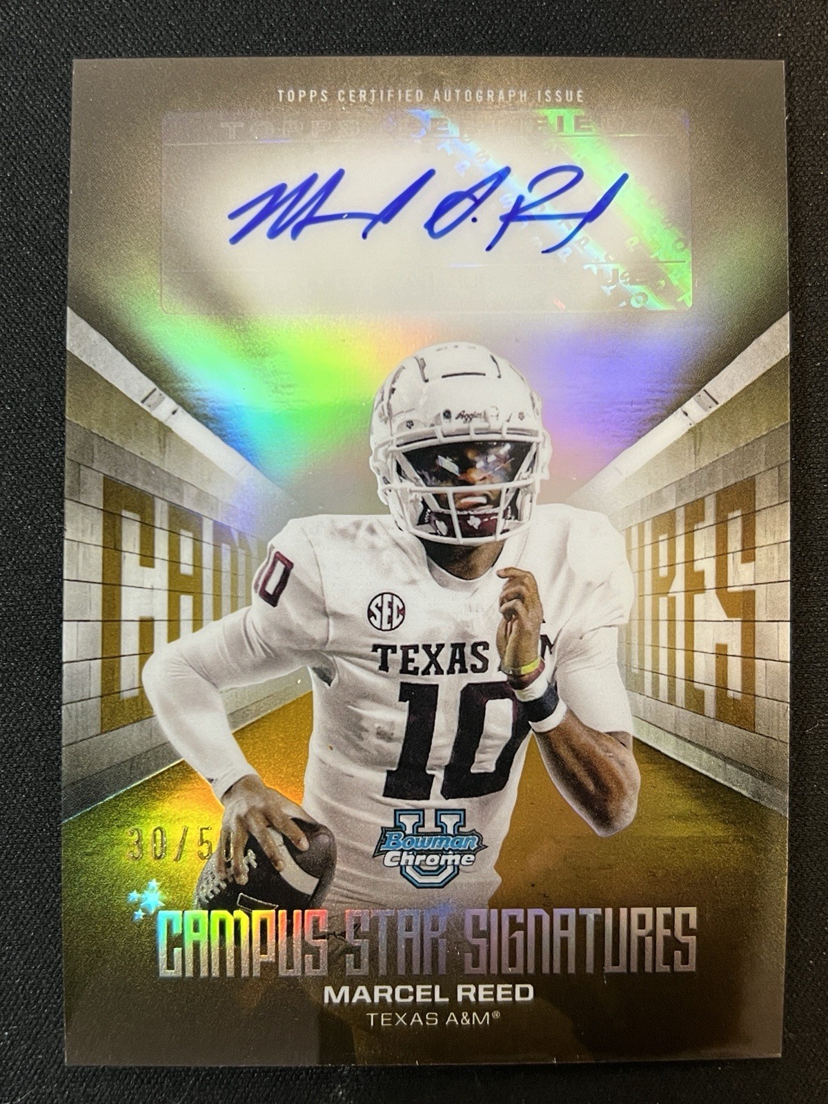 2025 Bowman Chrome U Football Marcel Reed Campus Star Signatures Gold /50 Auto