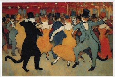 The Dance with Cats, in the style of Toulouse-Lautrec, Postcard - unposted