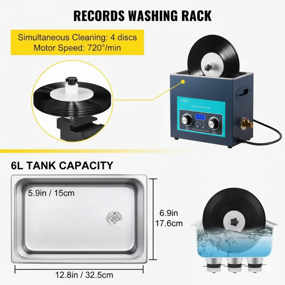6L Ultrasonic Vinyl Record Cleaner Machine 40kHz Deep Cleaning LP ...
