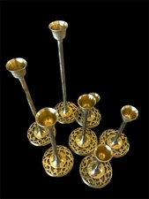 7 Vintage Brass Candlesticks Tapered Cut Out Base Candle Holders Graduated MCM