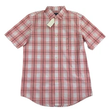 Club Room Mens Check Plaid Printed Short Sleeve Button Down Shirt Pink S