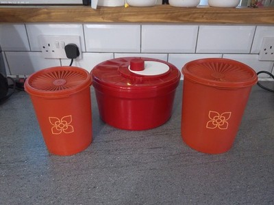 Vintage Tupperware Kübel orange Ernte Sunburst Fächerdeckel 70er Jahre und Salatschleuder