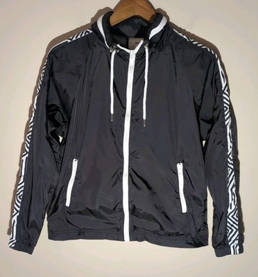 Forever 21 Y2K Black Zig Zag Sleeve Full Zip Windbreaker S Zippered Hood 90s 80s