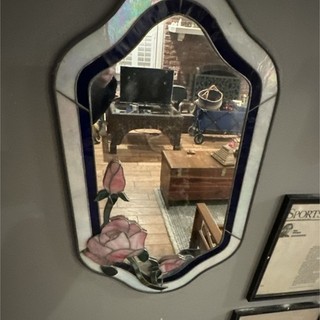 Antique Arched Stained Glass Floral Wall Mirror Pink Rose Design Blue White