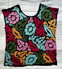 Top Huipil Mexicano De Colección Bordado a Mano Floral Pájaro Oaxaca Boho Étnico Negro M