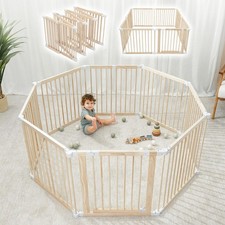 Baby Gate Playpen - 57 x 57 x 25 in, Extends Up to 228  - Pine Wood Foldable ...
