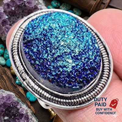 925 Sterling Silver Titanium Druzy Channel Set Unique Statement Wife Ring Size 8
